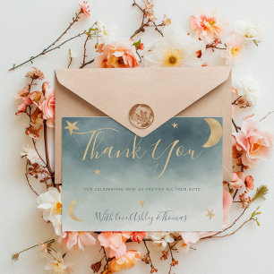 Gold moon stars blue photo thank you baby shower card