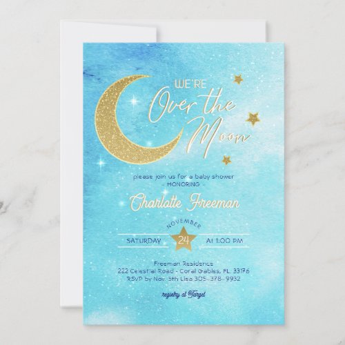Gold Moon  Stars Blue Watercolor Boy Baby Shower Invitation