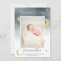 Gold moon stars blue watercolor photo baby birth announcement
