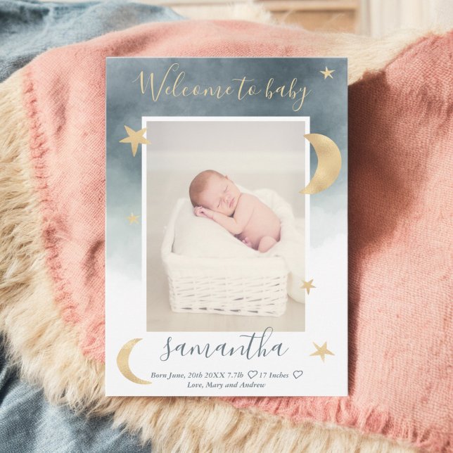 Gold moon stars blue watercolor photo baby birth announcement (Gold moon stars blue watercolor photo baby birth announcement)