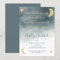 Gold moon stars blue watercolor twins baby shower invitation