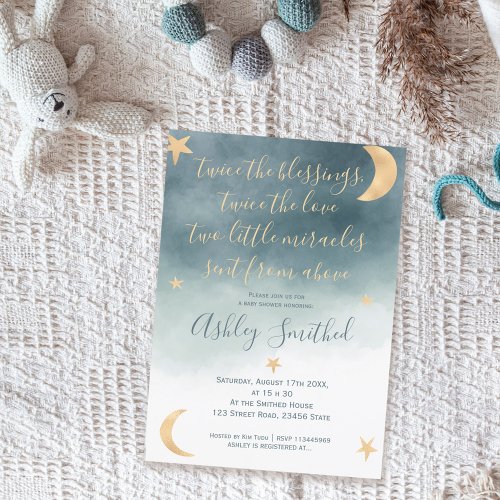 Gold moon stars blue watercolor twins baby shower invitation