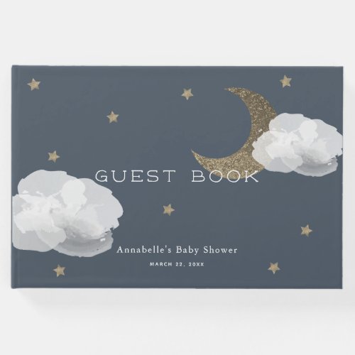 Gold Moon Stars  Clouds Navy Blue Baby Shower Guest Book