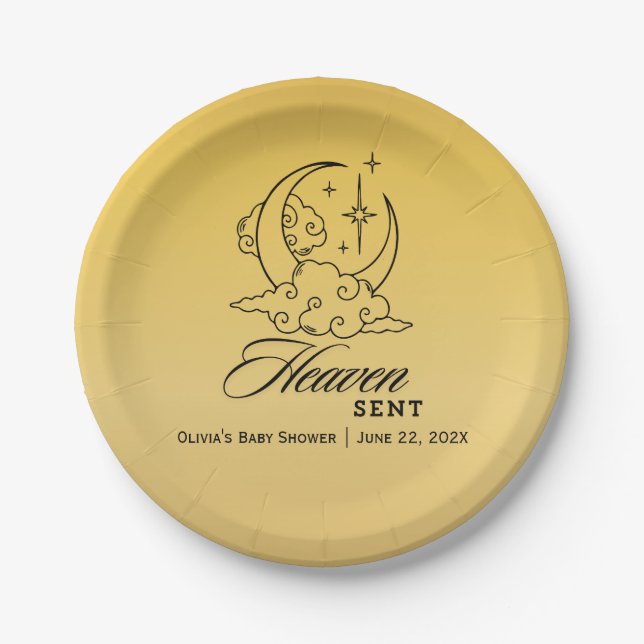 Gold Moon Stars Heaven Sent Baby Shower Paper Plates (Front)
