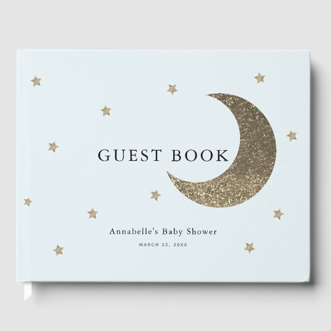 Gold Moon & Stars Light Blue Baby Shower Guest Book (Front)