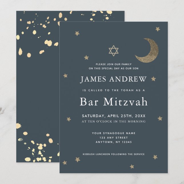 Gold Moon & Stars Navy Blue Bar Mitzvah Invitation (Front/Back)