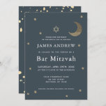 Gold Moon & Stars Navy Blue Bar Mitzvah Invitation<br><div class="desc">This simple and chic Bar Mitzvah invitation features a midnight blue / navy blue background with the star of david, the faux gold glitter crescent moon and stars. The reverse side features a midnight blue / navy blue background with faux gold foil splatters. Personalize it for your needs. You can...</div>