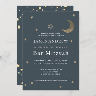 Gold Moon & Stars Navy Blue Bar Mitzvah Invitation