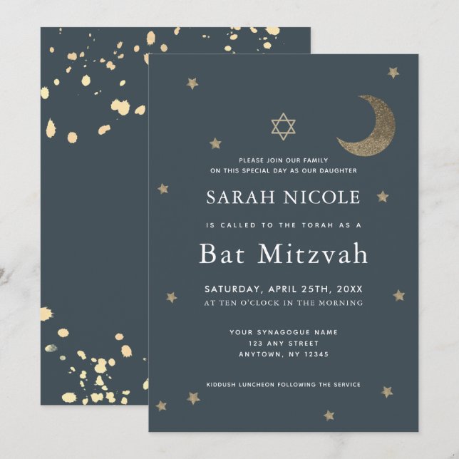 Gold Moon & Stars Navy Blue Bat Mitzvah Invitation (Front/Back)