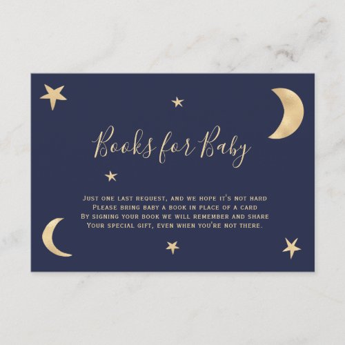 gold moon stars navy blue bring a book baby shower enclosure card