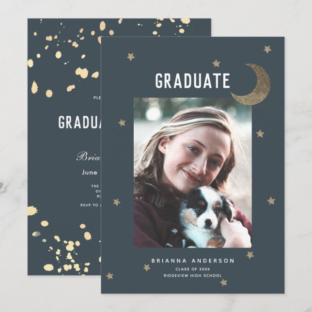 Gold Moon & Stars Navy Blue Graduation Party Invitation (Front/Back)