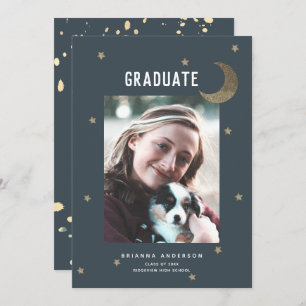 Gold Moon & Stars Navy Blue Graduation Party Invitation