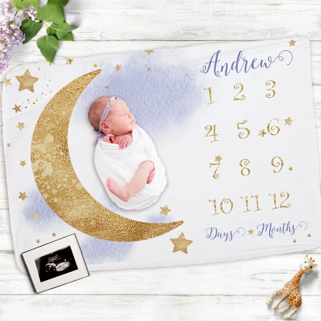 Gold Moon Stars Periwinkle Milestone Growth Baby Blanket (Creator Uploaded)