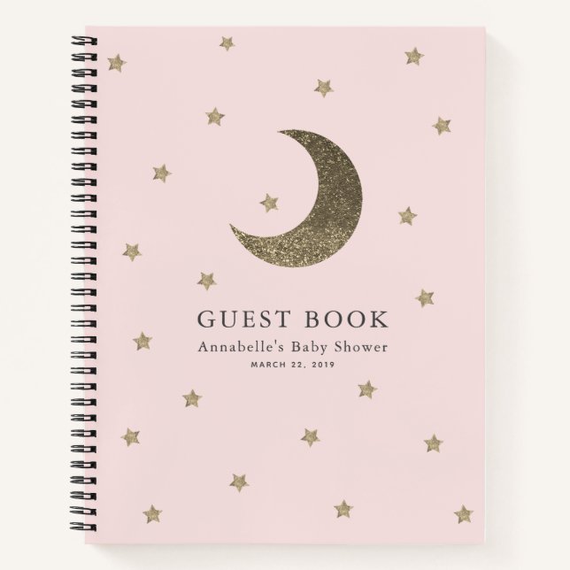 Gold Moon & Stars Pink Baby Shower Guest Book (Front)