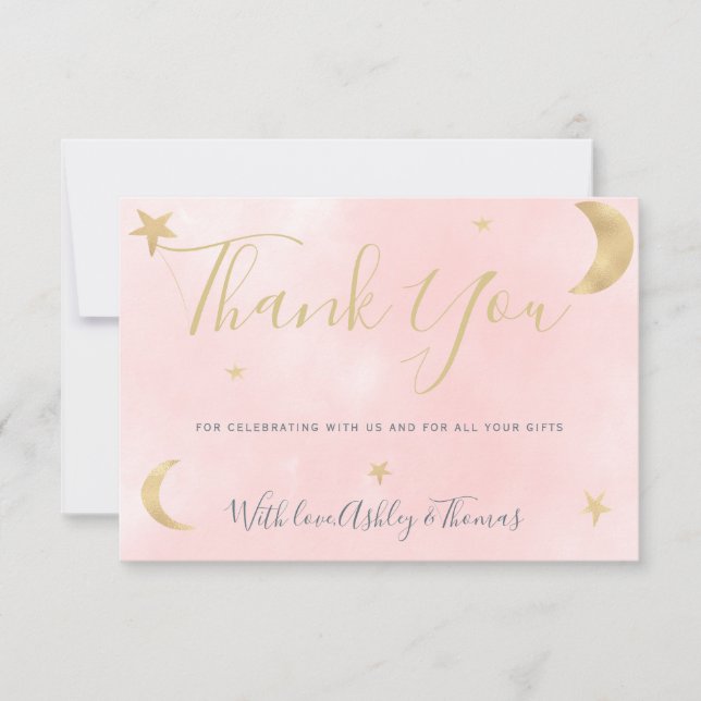 Gold moon stars pink photo thank you baby shower card (Front)