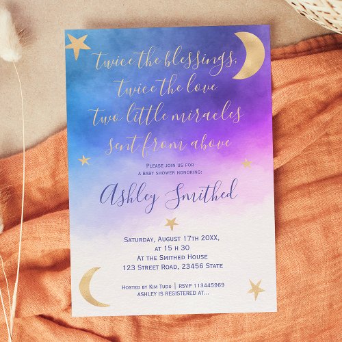 Gold moon stars pink watercolor twins baby shower invitation