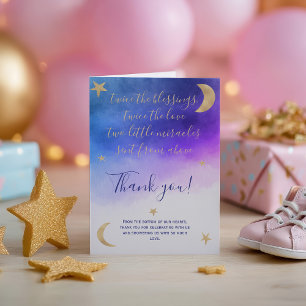 Gold moon stars pink watercolor twins baby shower letterpress thank you card
