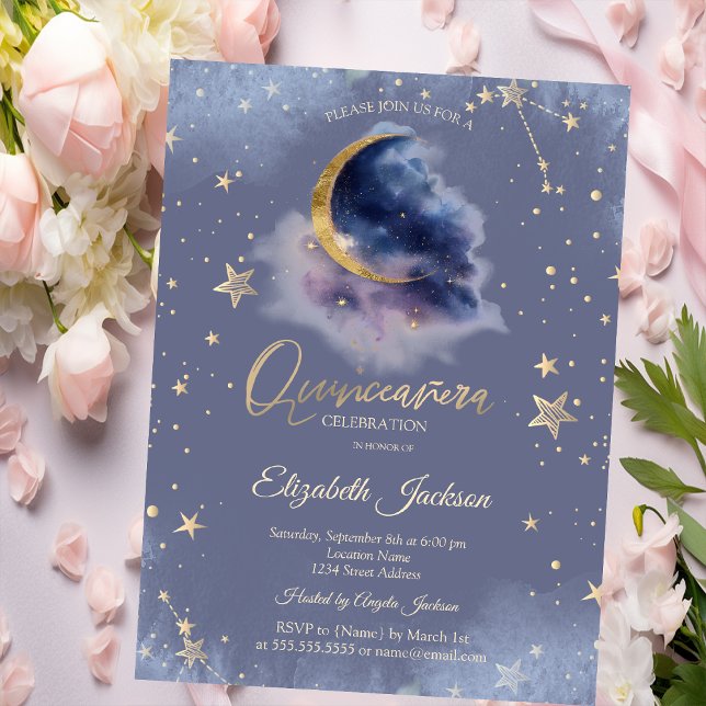 Gold Moon Stars Starry Night Quinceanera Invitation (Creator Uploaded)