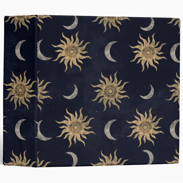 Gold Moon Sun Mandala Blue Night Sky Pattern 3 Ring Binder (Front/Spine)