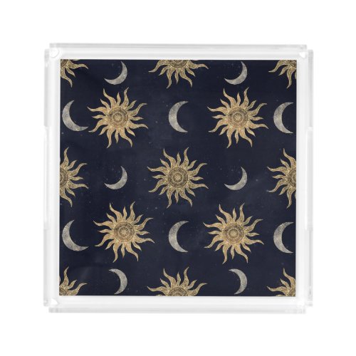 Gold Moon Sun Mandala Blue Night Sky Pattern Acrylic Tray