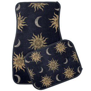 Gold Moon Sun Mandala Blue Night Sky Pattern Car Floor Mat