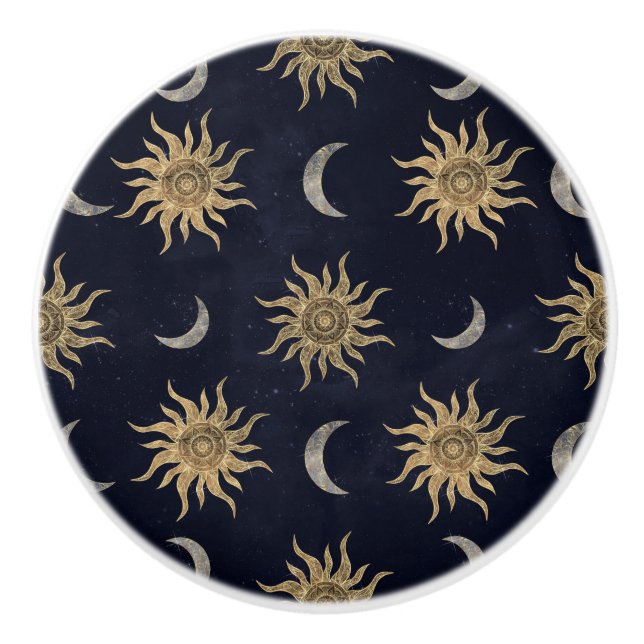 Gold Moon Sun Mandala Blue Night Sky Pattern Ceramic Knob (Front)