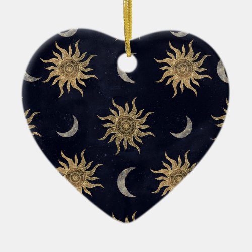 Gold Moon Sun Mandala Blue Night Sky Pattern Ceramic Ornament