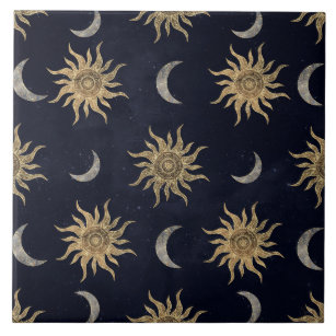 Gold Moon Sun Mandala Blue Night Sky Pattern Ceramic Tile