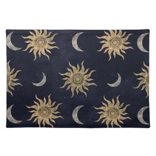 Gold Moon Sun Mandala Blue Night Sky Pattern Cloth Placemat