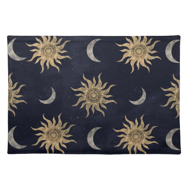 Gold Moon Sun Mandala Blue Night Sky Pattern Cloth Placemat (Front)