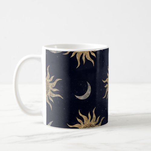 Gold Moon Sun Mandala Blue Night Sky Pattern Coffee Mug