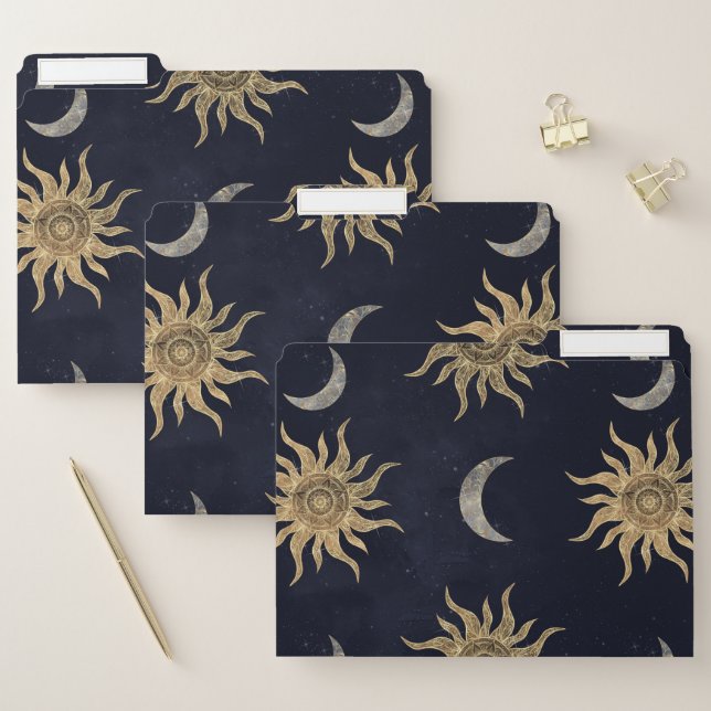 Gold Moon Sun Mandala Blue Night Sky Pattern File Folder (Set)