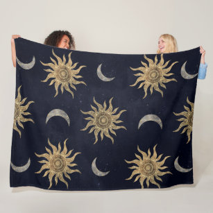 Gold Moon Sun Mandala Blue Night Sky Pattern Fleece Blanket