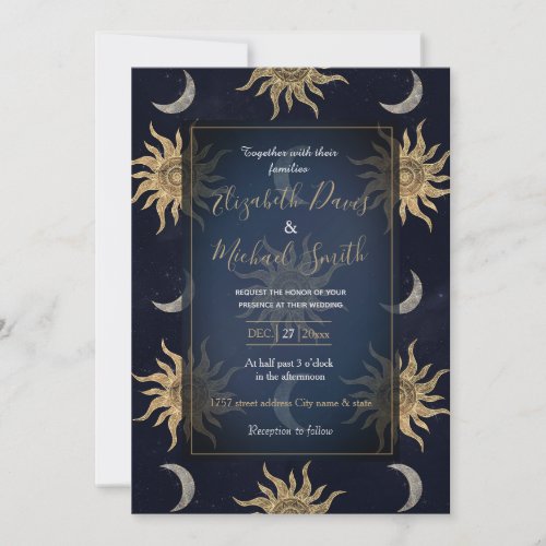 Gold Moon Sun Mandala Blue Night Sky Pattern Invitation