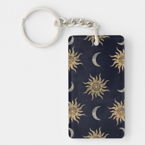 Gold Moon Sun Mandala Blue Night Sky Pattern Keychain