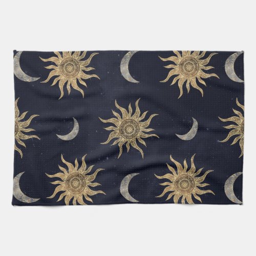 Gold Moon Sun Mandala Blue Night Sky Pattern Kitchen Towel