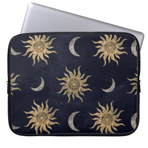 Gold Moon Sun Mandala Blue Night Sky Pattern Laptop Sleeve