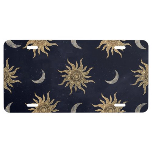 Gold Moon Sun Mandala Blue Night Sky Pattern License Plate
