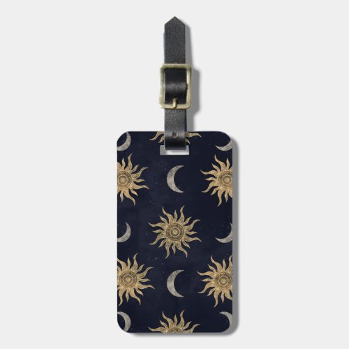 Gold Moon Sun Mandala Blue Night Sky Pattern Luggage Tag