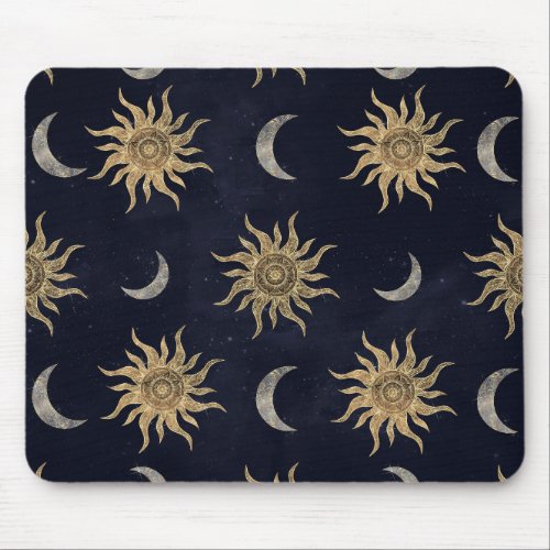 Gold Moon Sun Mandala Blue Night Sky Pattern Mouse Pad