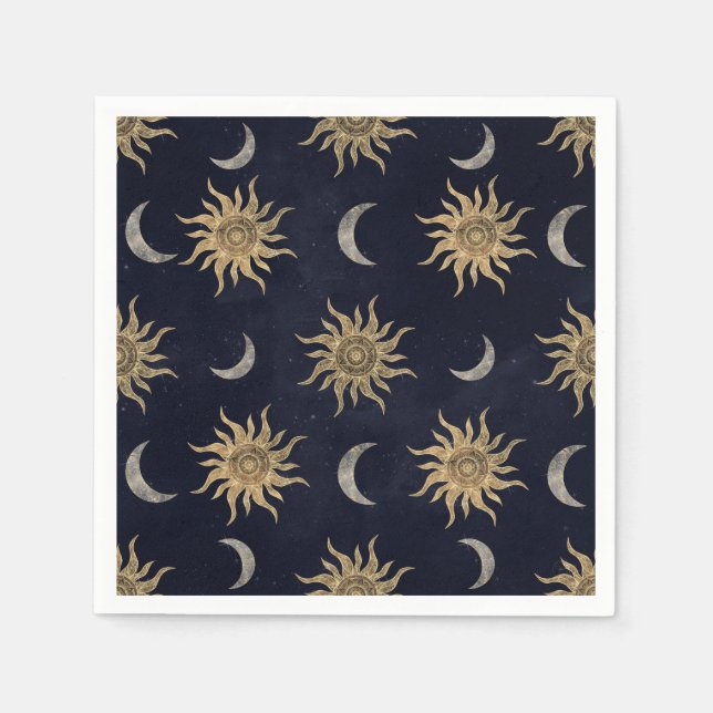 Gold Moon Sun Mandala Blue Night Sky Pattern Napkins (Front)