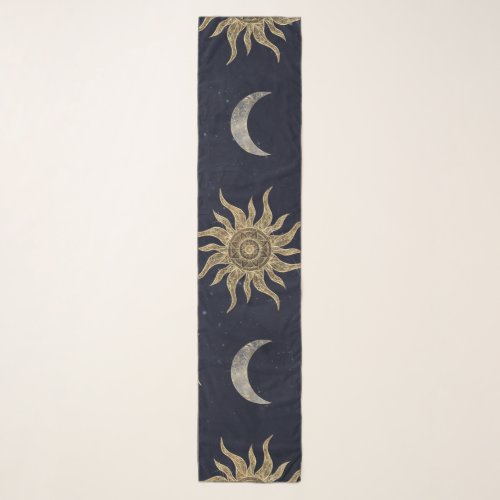 Gold Moon Sun Mandala Blue Night Sky Pattern Scarf