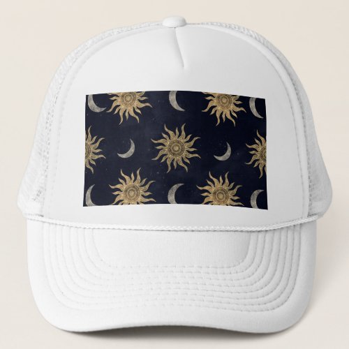 Gold Moon Sun Mandala Blue Night Sky Pattern Trucker Hat