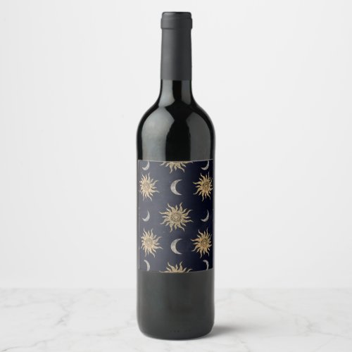 Gold Moon Sun Mandala Blue Night Sky Pattern Wine Label