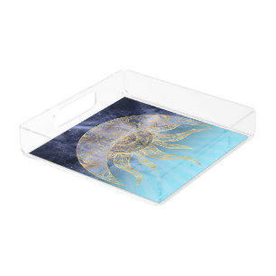 Gold Moon Sun Mandala Celestial Design Acrylic Tray