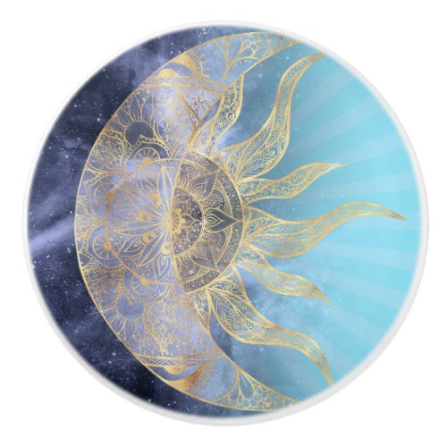 Gold Moon Sun Mandala Celestial Design Ceramic Knob