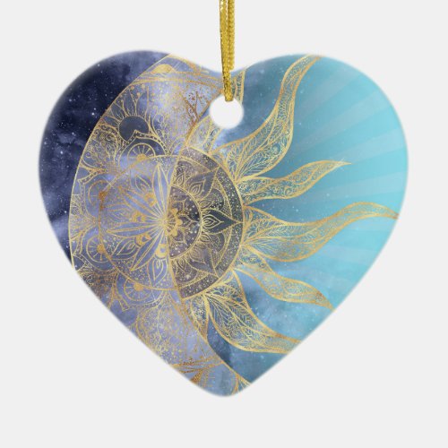 Gold Moon Sun Mandala Celestial Design Ceramic Ornament