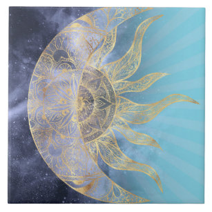 Gold Moon Sun Mandala Celestial Design Ceramic Tile