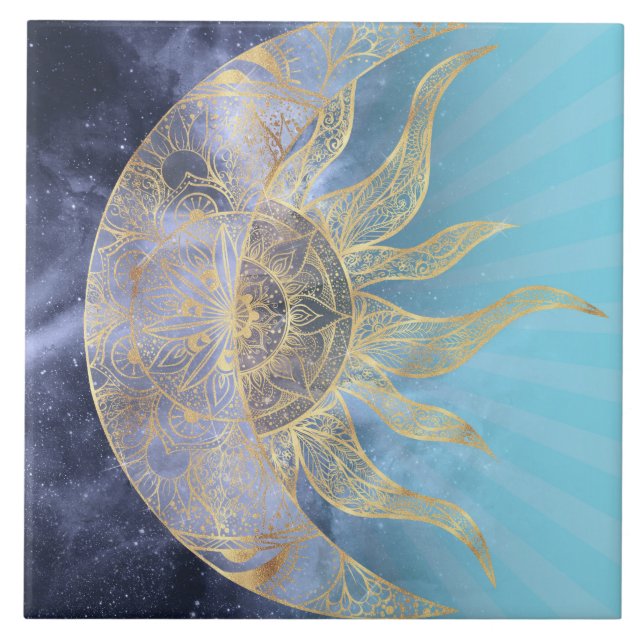 Gold Moon Sun Mandala Celestial Design Ceramic Tile (Front)