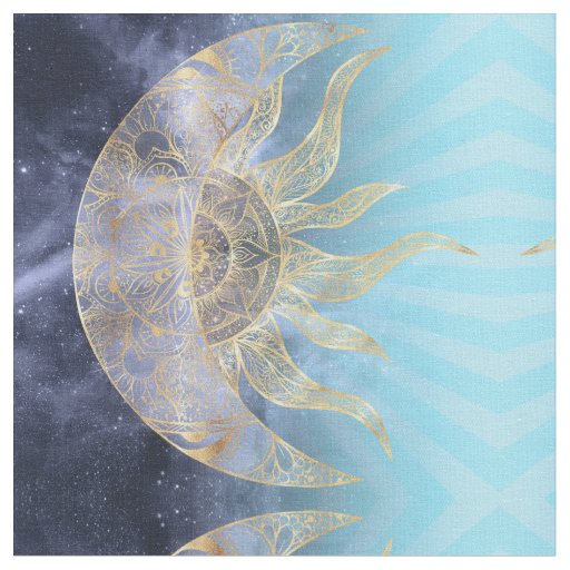Gold Moon Sun Mandala Celestial Design Fabric